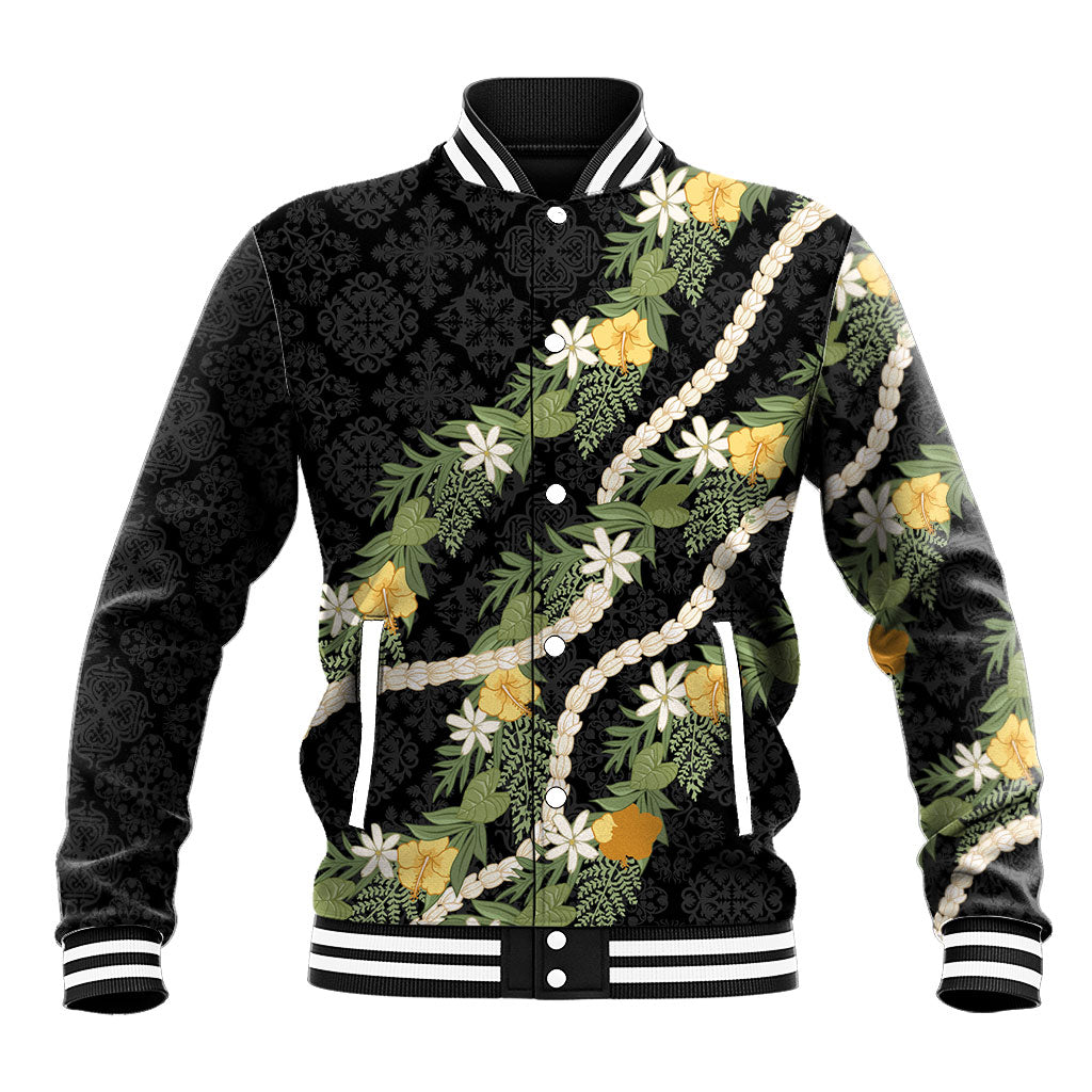 Puakenikeni Anthurium Pikake Lei Baseball Jacket Hawaiian Quilt Pattern LT9 Unisex Black - Polynesian Pride
