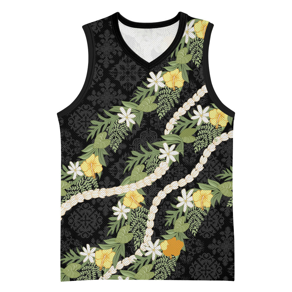 Puakenikeni Anthurium Pikake Lei Basketball Jersey Hawaiian Quilt Pattern LT9 Unisex Black - Polynesian Pride