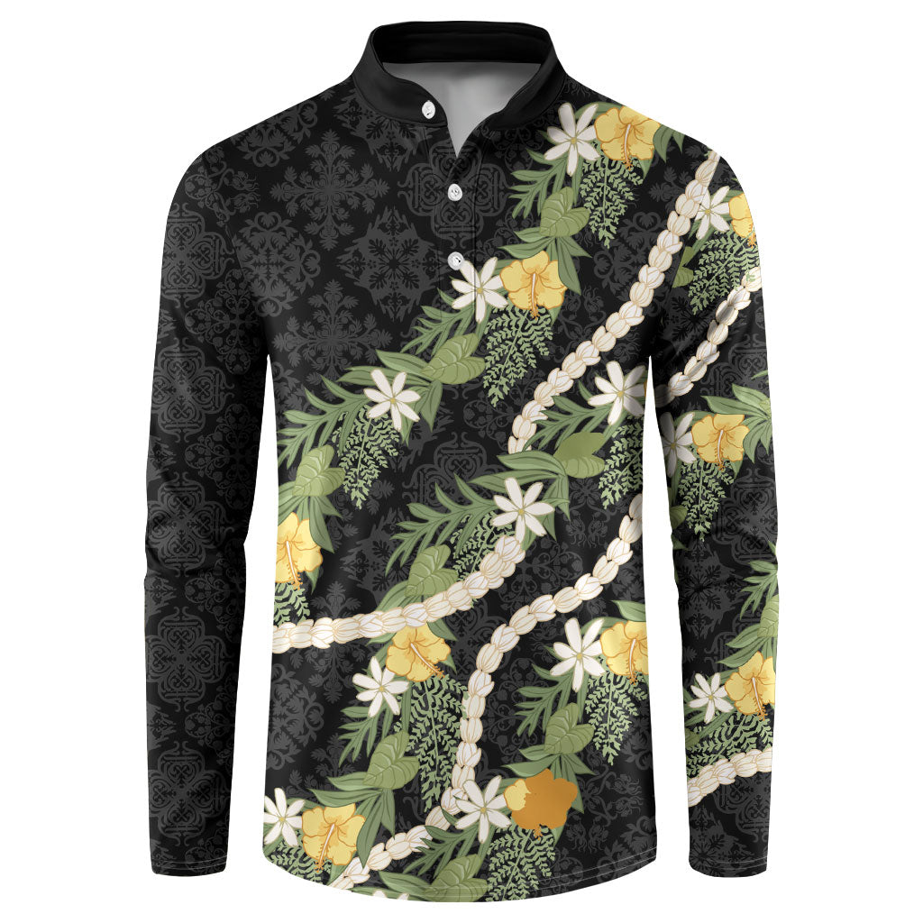 Puakenikeni Anthurium Pikake Lei Button Sweatshirt Hawaiian Quilt Pattern LT9 Black - Polynesian Pride