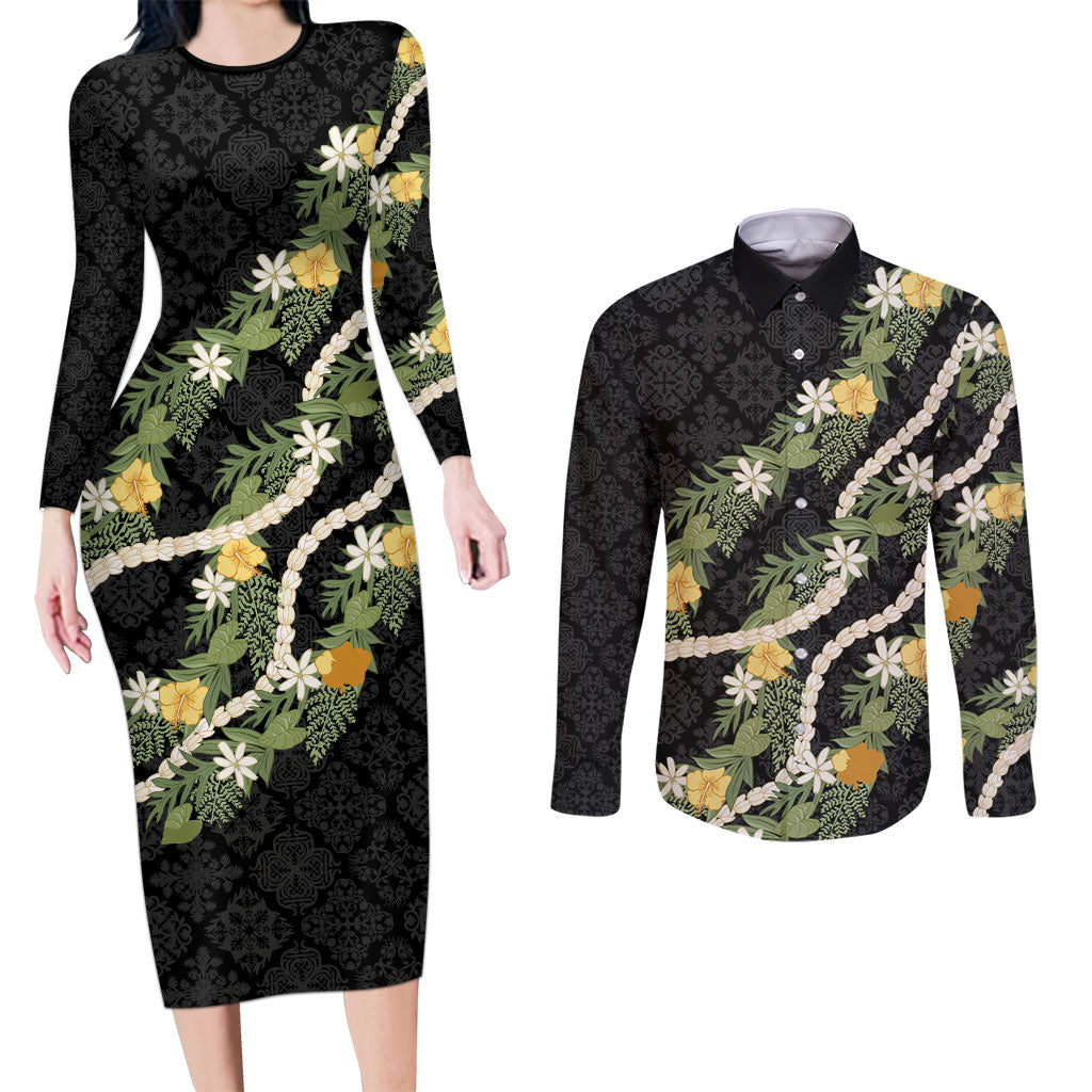 Puakenikeni Anthurium Pikake Lei Couples Matching Long Sleeve Bodycon Dress and Long Sleeve Button Shirt Hawaiian Quilt Pattern LT9 Black - Polynesian Pride