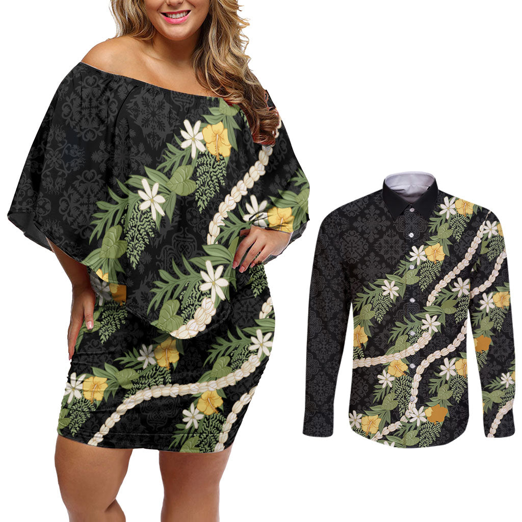 Puakenikeni Anthurium Pikake Lei Couples Matching Off Shoulder Short Dress and Long Sleeve Button Shirt Hawaiian Quilt Pattern LT9 Black - Polynesian Pride