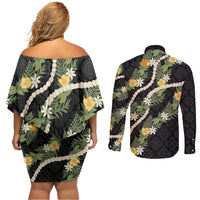 Puakenikeni Anthurium Pikake Lei Couples Matching Off Shoulder Short Dress and Long Sleeve Button Shirt Hawaiian Quilt Pattern