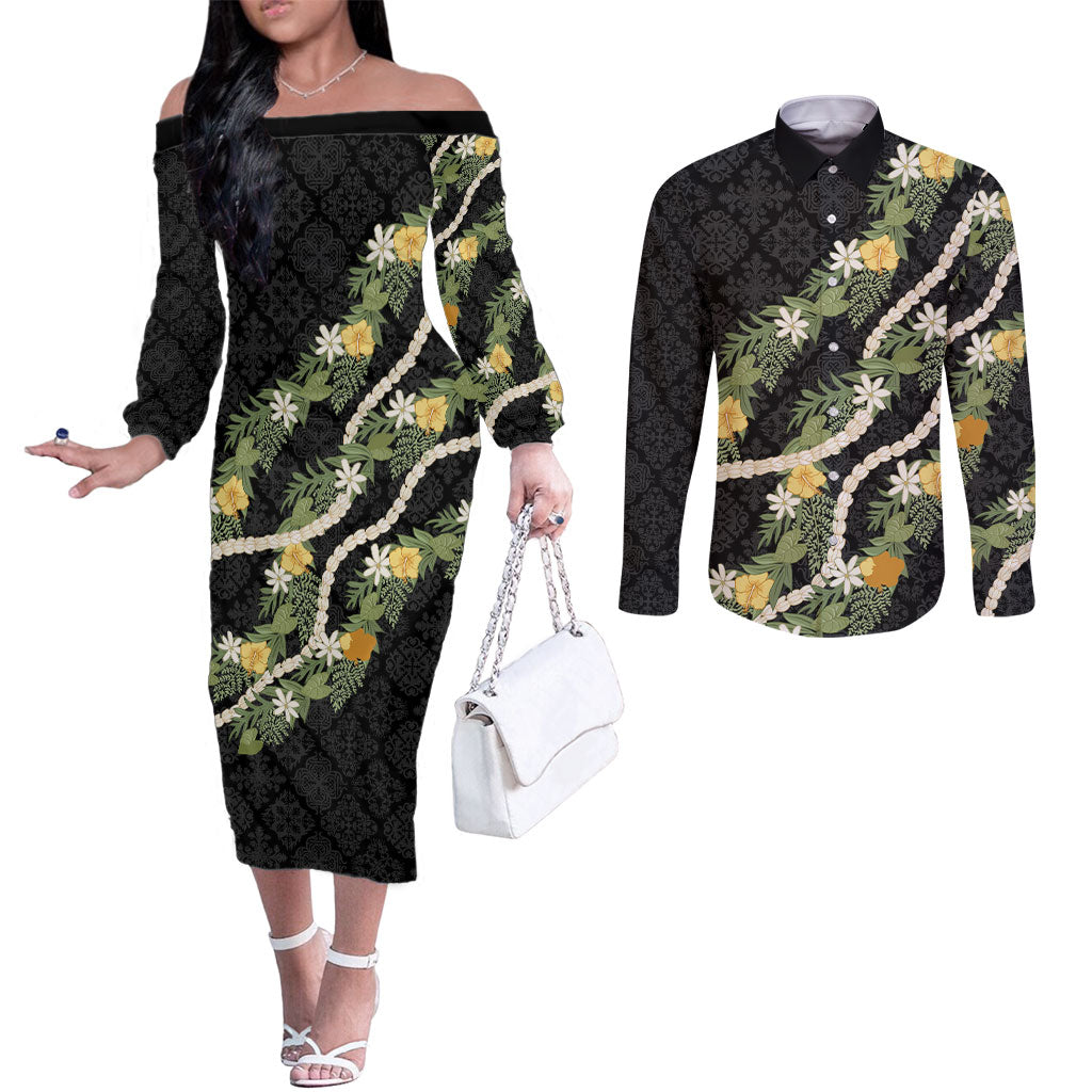 Puakenikeni Anthurium Pikake Lei Couples Matching Off The Shoulder Long Sleeve Dress and Long Sleeve Button Shirt Hawaiian Quilt Pattern LT9 Black - Polynesian Pride