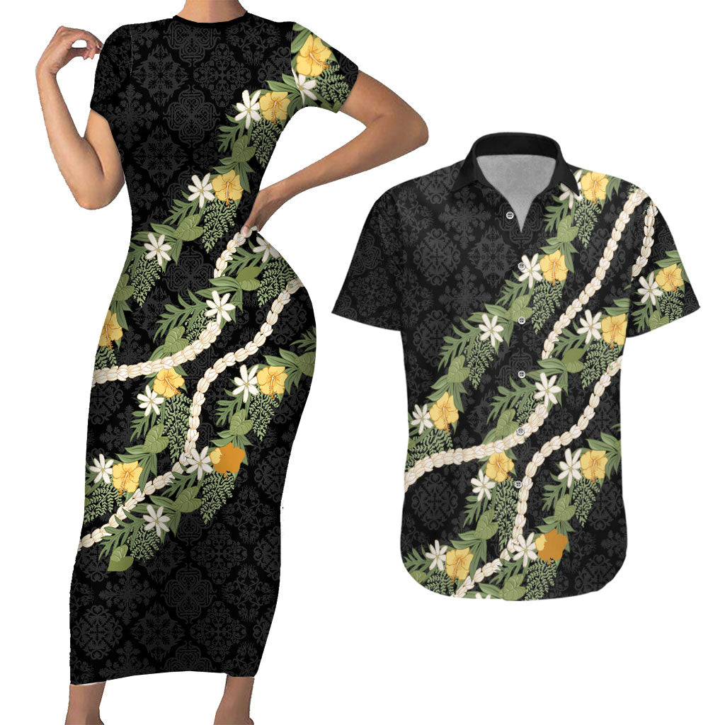Puakenikeni Anthurium Pikake Lei Couples Matching Short Sleeve Bodycon Dress and Hawaiian Shirt Hawaiian Quilt Pattern LT9 Black - Polynesian Pride