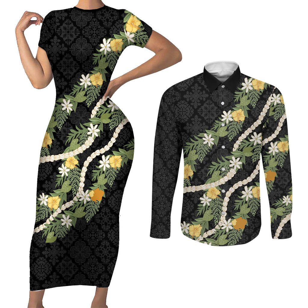 Puakenikeni Anthurium Pikake Lei Couples Matching Short Sleeve Bodycon Dress and Long Sleeve Button Shirt Hawaiian Quilt Pattern