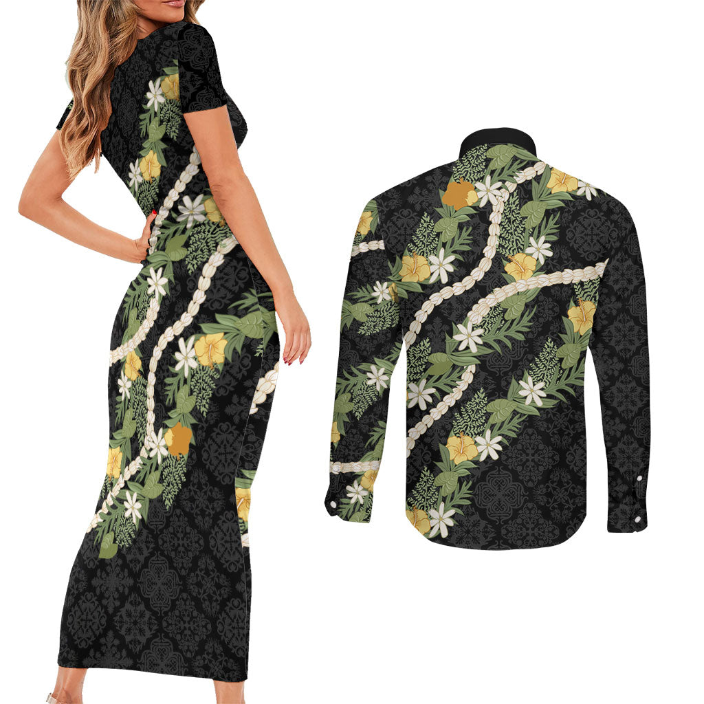 Puakenikeni Anthurium Pikake Lei Couples Matching Short Sleeve Bodycon Dress and Long Sleeve Button Shirt Hawaiian Quilt Pattern