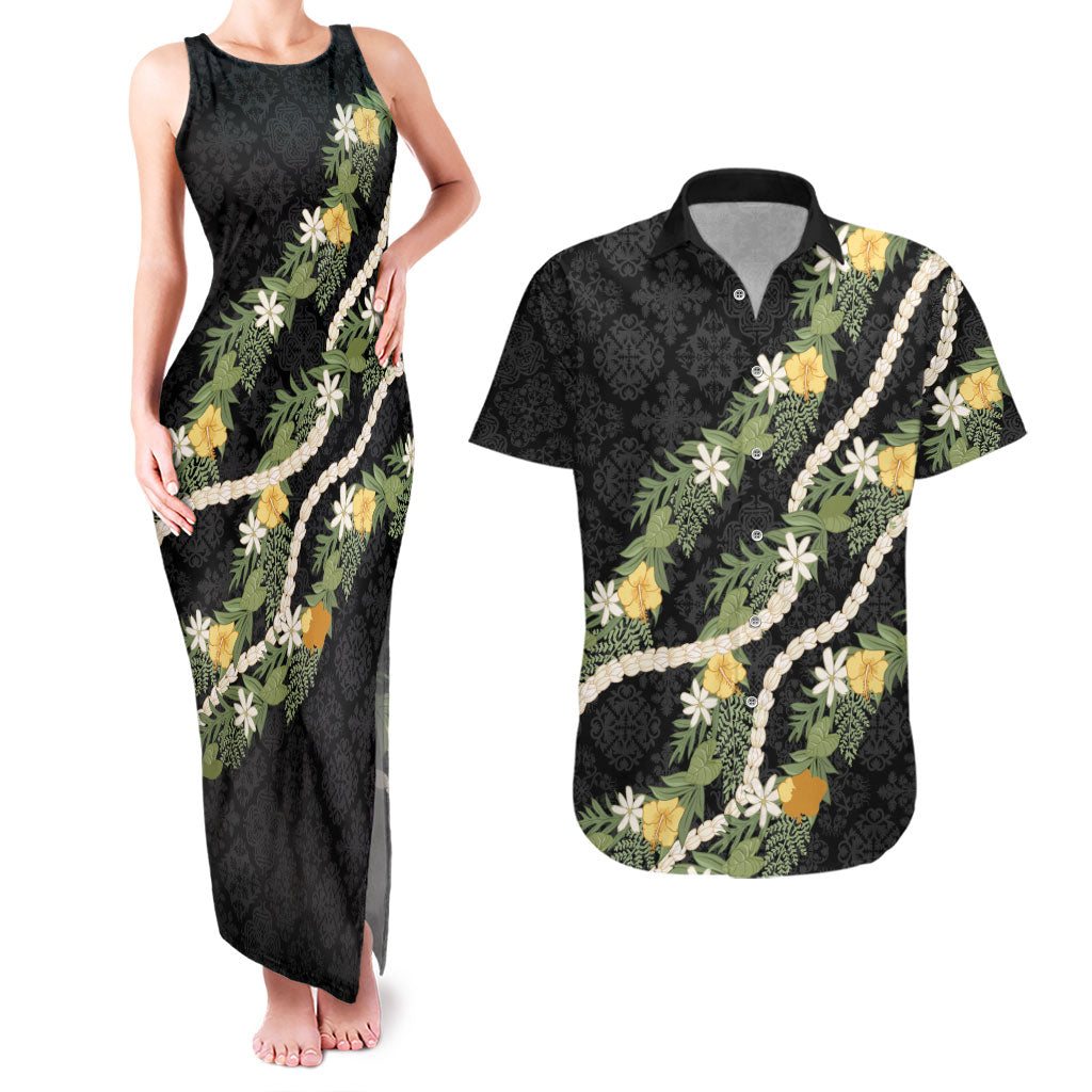 Puakenikeni Anthurium Pikake Lei Couples Matching Tank Maxi Dress and Hawaiian Shirt Hawaiian Quilt Pattern LT9 Black - Polynesian Pride