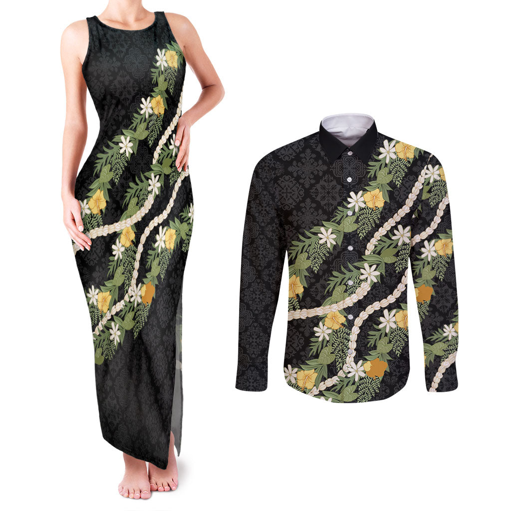 Puakenikeni Anthurium Pikake Lei Couples Matching Tank Maxi Dress and Long Sleeve Button Shirt Hawaiian Quilt Pattern LT9 Black - Polynesian Pride