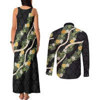 Puakenikeni Anthurium Pikake Lei Couples Matching Tank Maxi Dress and Long Sleeve Button Shirt Hawaiian Quilt Pattern