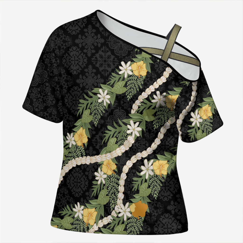 Puakenikeni Anthurium Pikake Lei Cross Shoulder Shirt Hawaiian Quilt Pattern LT9 Female Black - Polynesian Pride