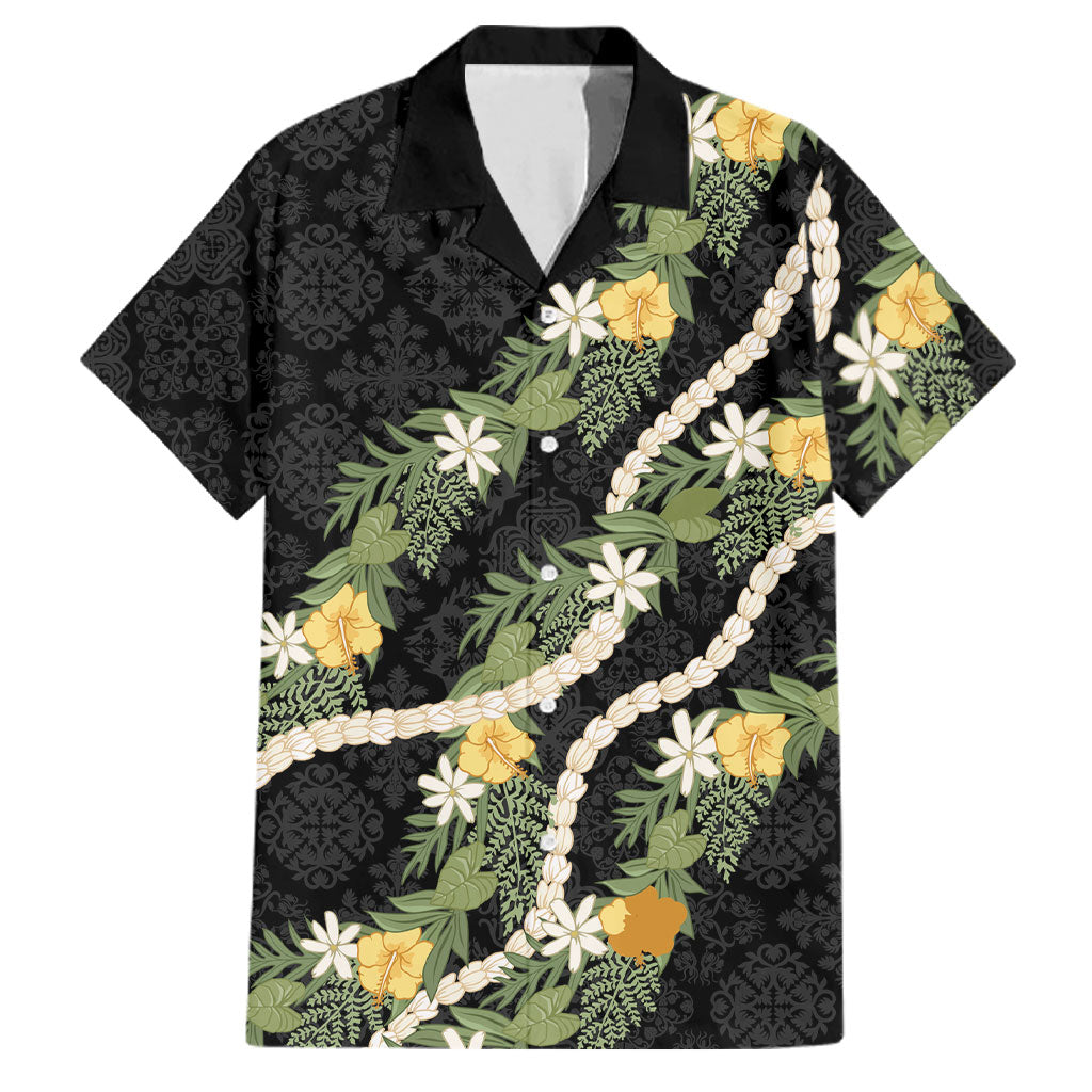 Puakenikeni Anthurium Pikake Lei Family Matching Long Sleeve Bodycon Dress and Hawaiian Shirt Hawaiian Quilt Pattern LT9 Dad's Shirt - Short Sleeve Black - Polynesian Pride