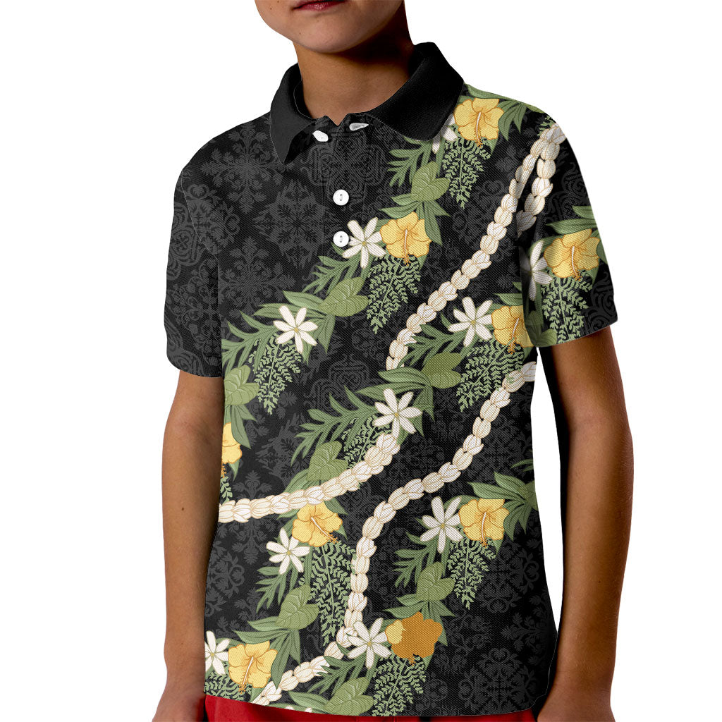 Puakenikeni Anthurium Pikake Lei Kid Polo Shirt Hawaiian Quilt Pattern LT9 Kid Black - Polynesian Pride