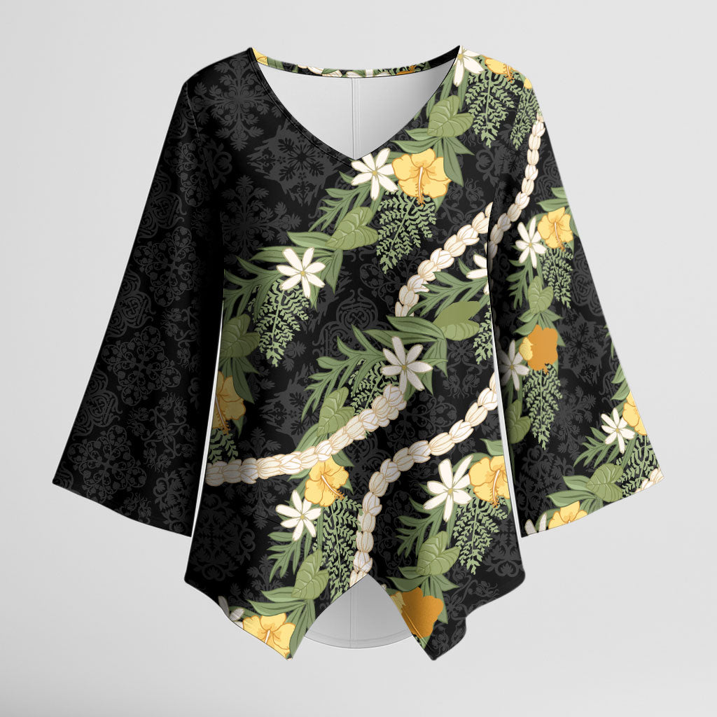 Puakenikeni Anthurium Pikake Lei Kimono Sleeve Blouse Hawaiian Quilt Pattern LT9 Female Black - Polynesian Pride
