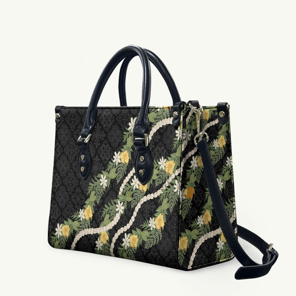 Puakenikeni Anthurium Pikake Lei Leather Bag Hawaiian Quilt Pattern LT9 Black - Polynesian Pride