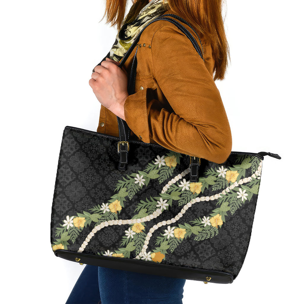Puakenikeni Anthurium Pikake Lei Leather Tote Bag Hawaiian Quilt Pattern LT9 Black - Polynesian Pride