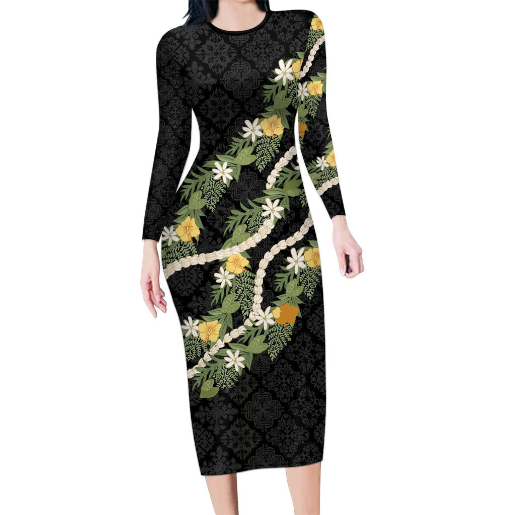 Puakenikeni Anthurium Pikake Lei Long Sleeve Bodycon Dress Hawaiian Quilt Pattern LT9 Long Dress Black - Polynesian Pride