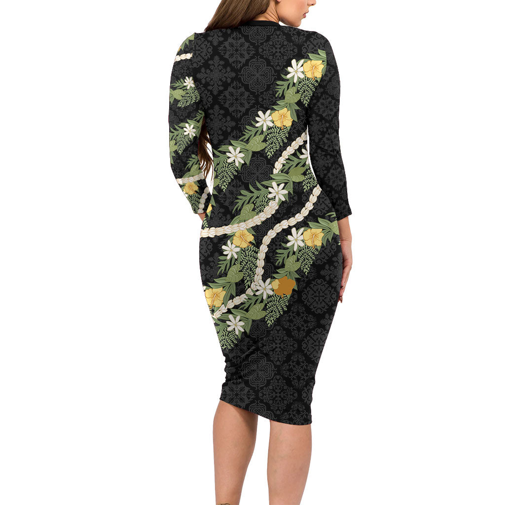 Puakenikeni Anthurium Pikake Lei Long Sleeve Bodycon Dress Hawaiian Quilt Pattern