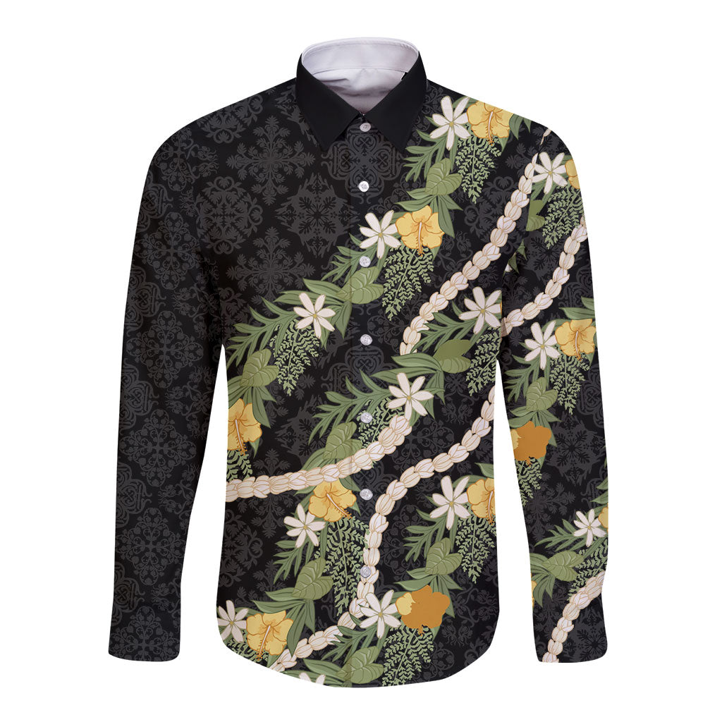 Puakenikeni Anthurium Pikake Lei Long Sleeve Button Shirt Hawaiian Quilt Pattern LT9 Unisex Black - Polynesian Pride