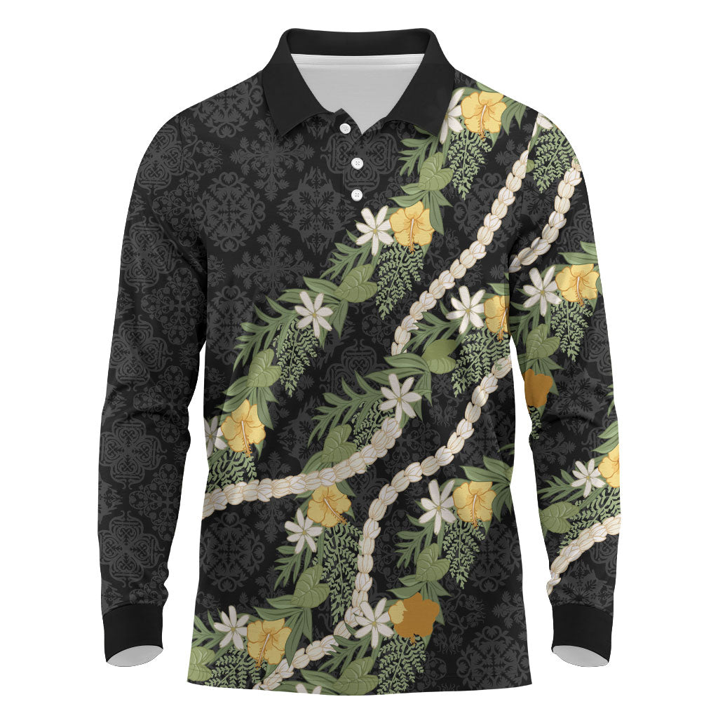 Puakenikeni Anthurium Pikake Lei Long Sleeve Polo Shirt Hawaiian Quilt Pattern LT9 Black - Polynesian Pride