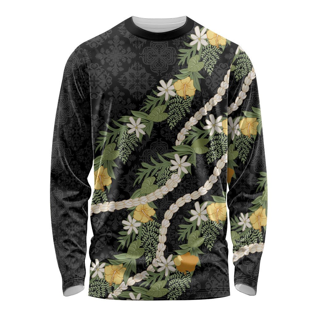 Puakenikeni Anthurium Pikake Lei Long Sleeve Shirt Hawaiian Quilt Pattern LT9 Unisex Black - Polynesian Pride