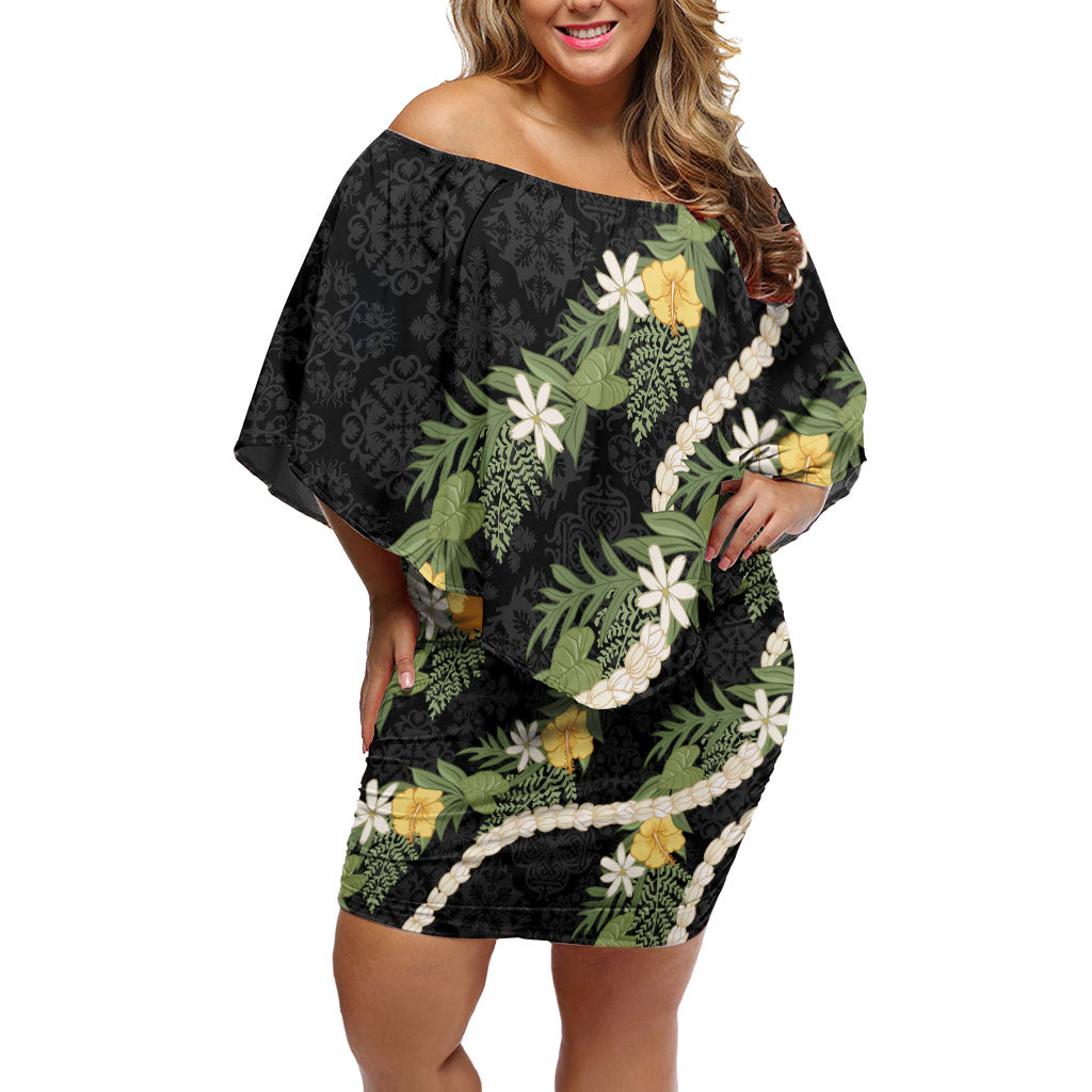 Puakenikeni Anthurium Pikake Lei Off Shoulder Short Dress Hawaiian Quilt Pattern