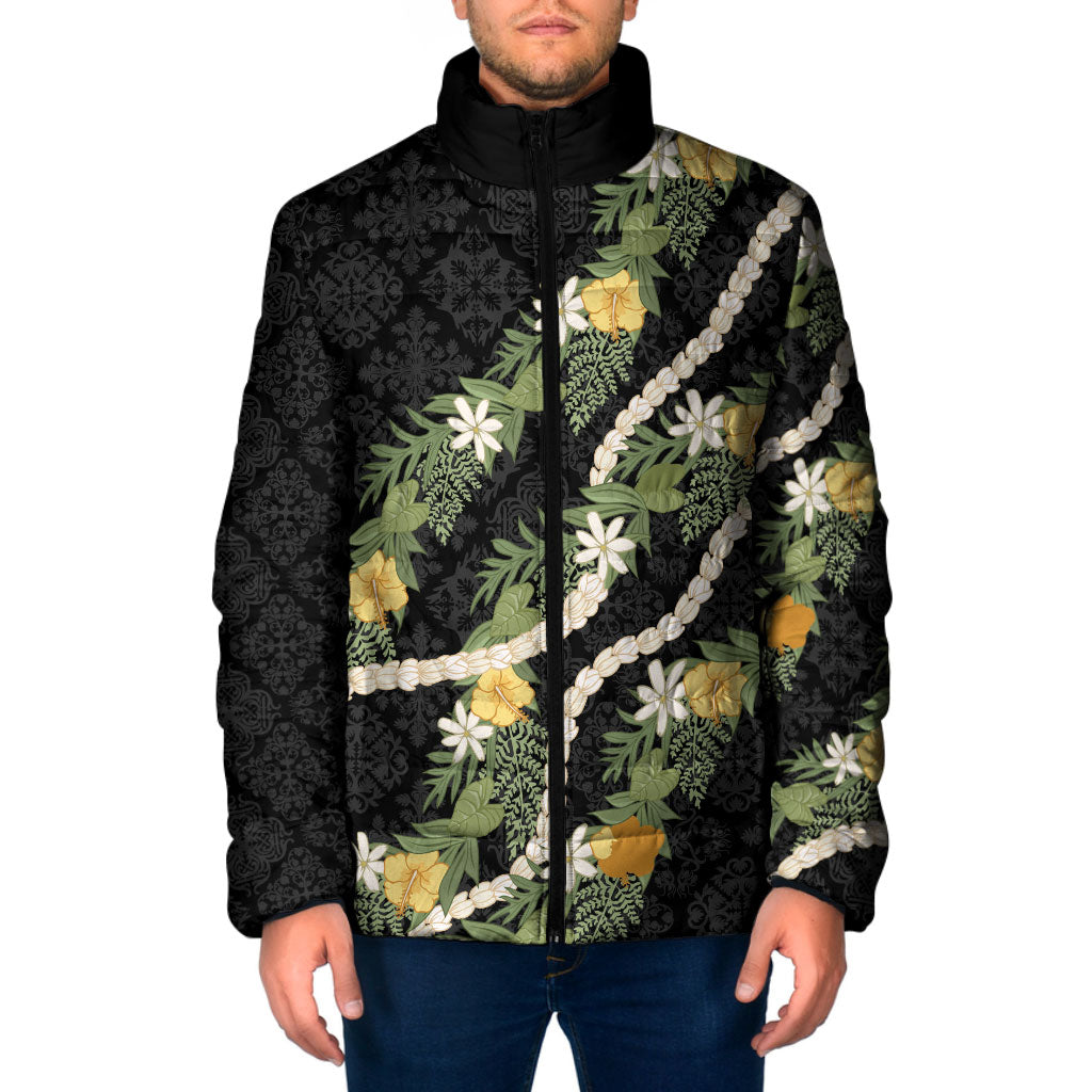 Puakenikeni Anthurium Pikake Lei Padded Jacket Hawaiian Quilt Pattern LT9 Men Black - Polynesian Pride