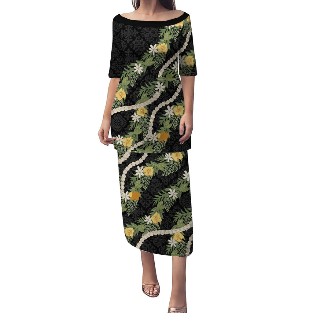 Puakenikeni Anthurium Pikake Lei Puletasi Hawaiian Quilt Pattern LT9 Long Dress Black - Polynesian Pride
