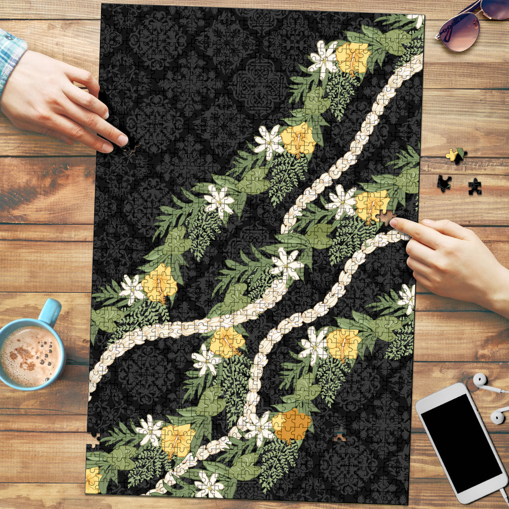 Puakenikeni Anthurium Pikake Lei Puzzle Hawaiian Quilt Pattern LT9 Black - Polynesian Pride