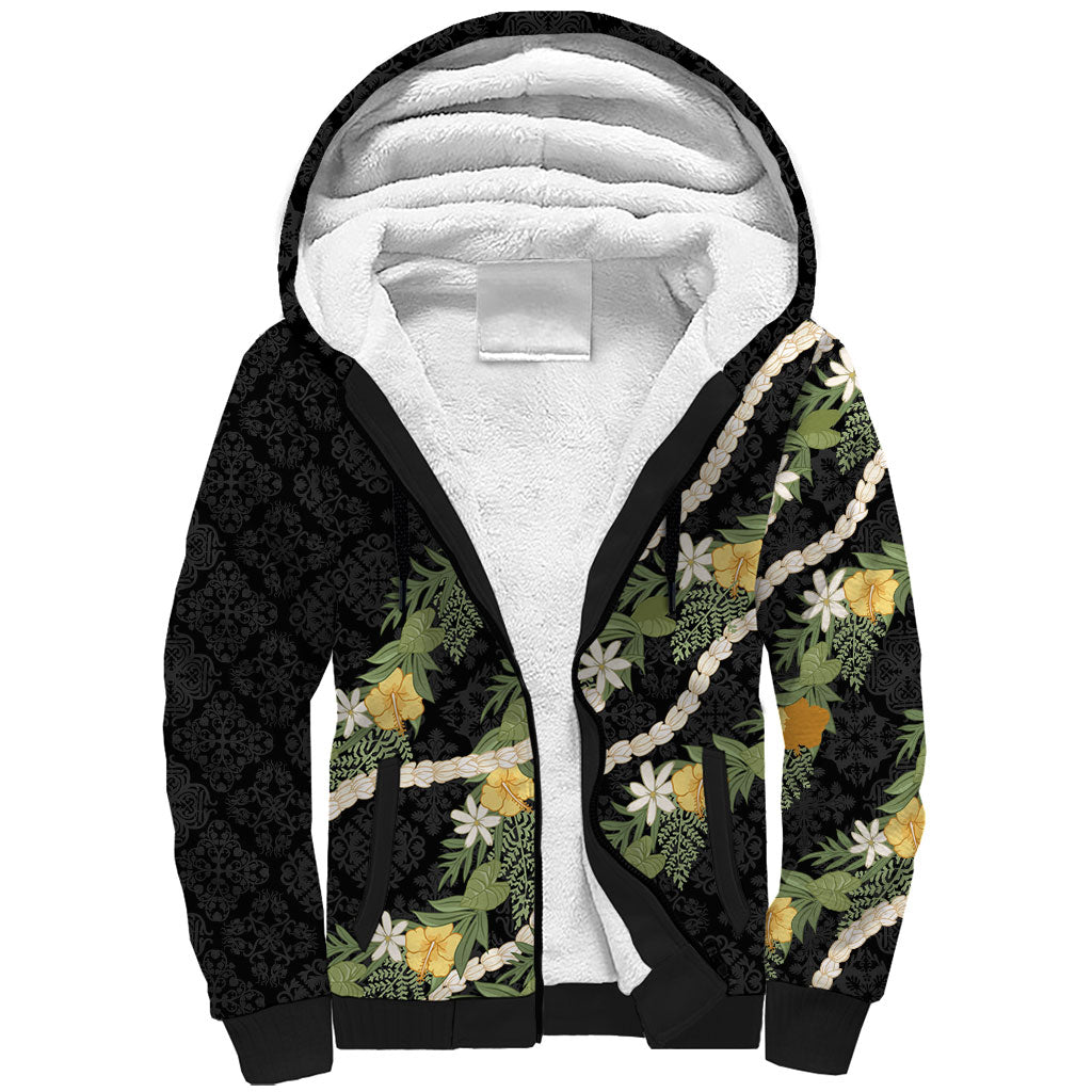 Puakenikeni Anthurium Pikake Lei Sherpa Hoodie Hawaiian Quilt Pattern LT9 Unisex Black - Polynesian Pride