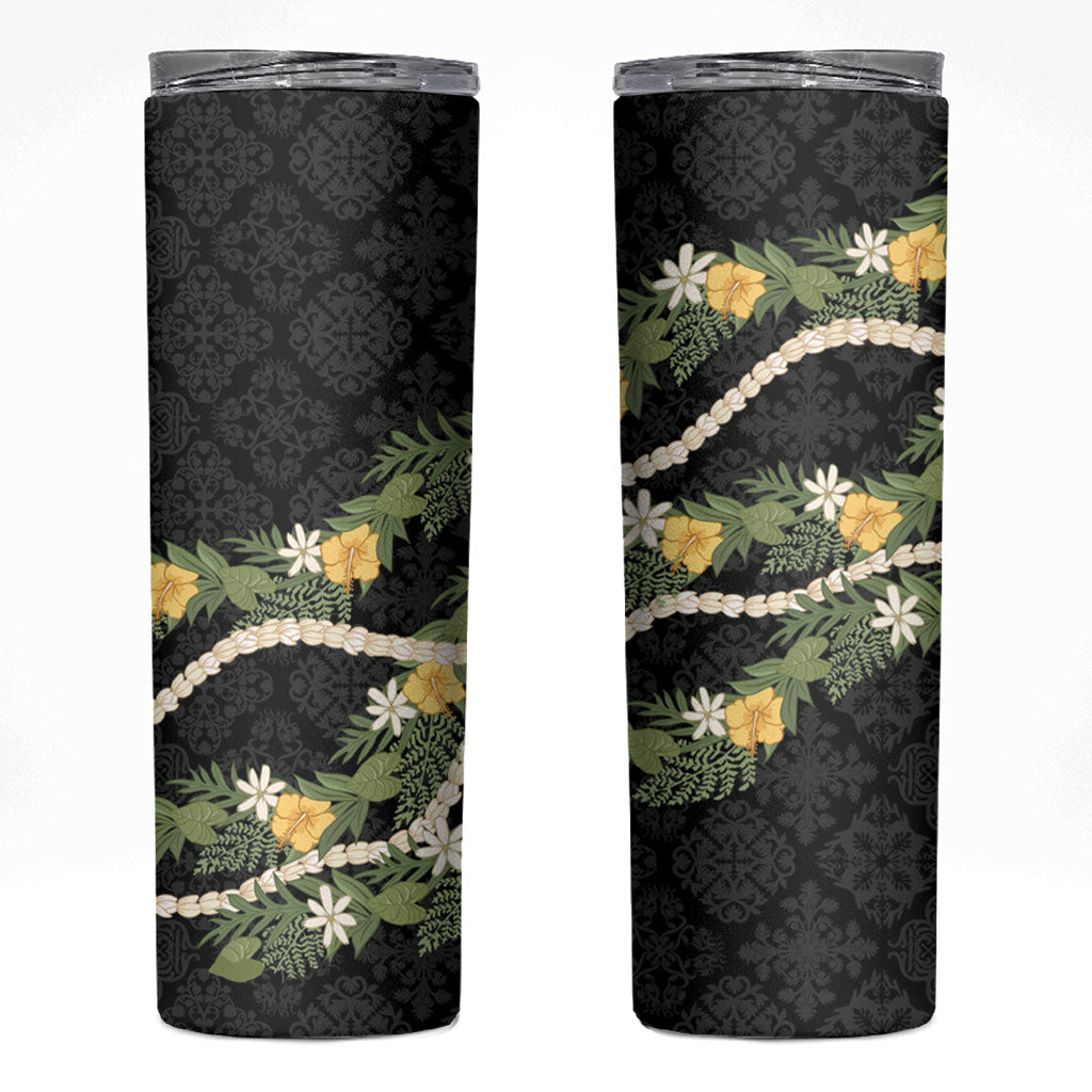 Puakenikeni Anthurium Pikake Lei Skinny Tumbler Hawaiian Quilt Pattern LT9 Black - Polynesian Pride