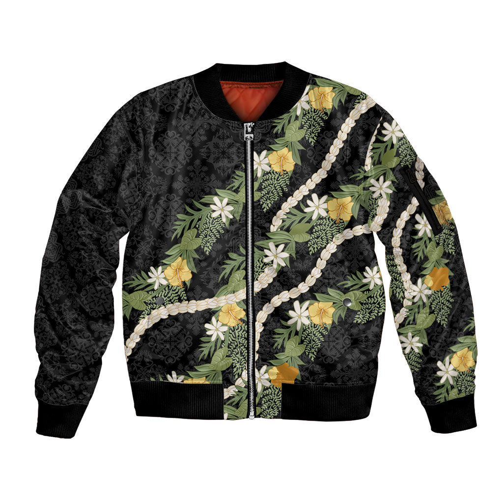 Puakenikeni Anthurium Pikake Lei Sleeve Zip Bomber Jacket Hawaiian Quilt Pattern LT9 Unisex Black - Polynesian Pride