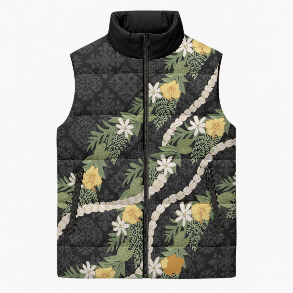 Puakenikeni Anthurium Pikake Lei Sleeveless Puffer Jacket Hawaiian Quilt Pattern LT9 Unisex Black - Polynesian Pride