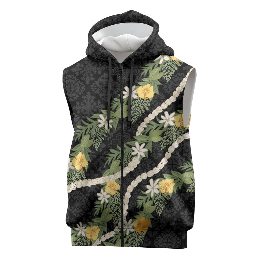 Puakenikeni Anthurium Pikake Lei Sleeveless Zip Hoodie Hawaiian Quilt Pattern LT9 Black - Polynesian Pride