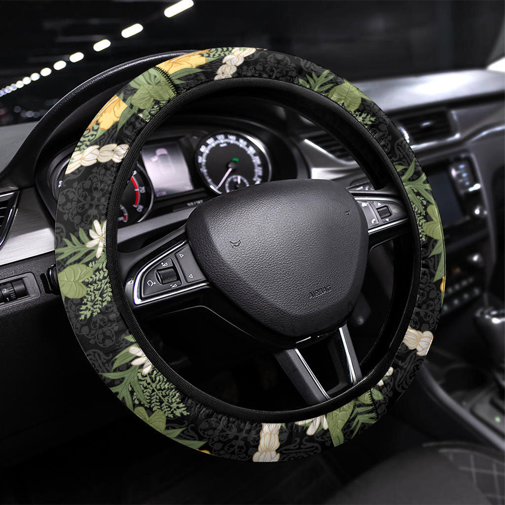 Puakenikeni Anthurium Pikake Lei Steering Wheel Cover Hawaiian Quilt Pattern LT9 Universal Fit Black - Polynesian Pride