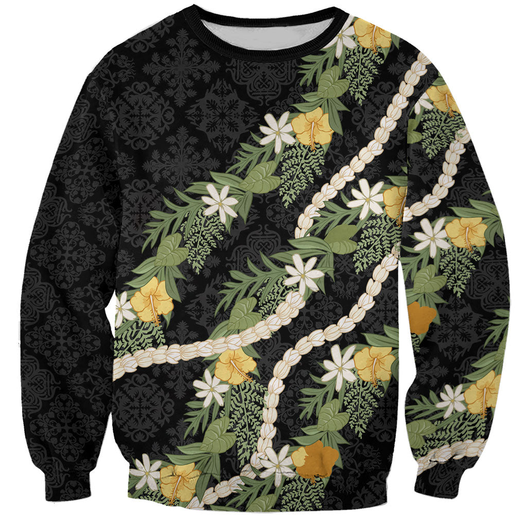 Puakenikeni Anthurium Pikake Lei Sweatshirt Hawaiian Quilt Pattern LT9 Unisex Black - Polynesian Pride