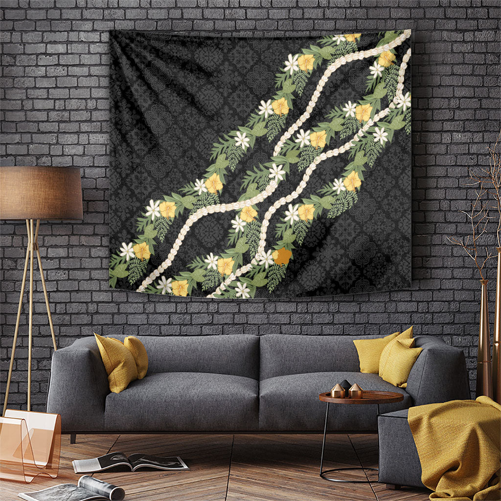 Puakenikeni Anthurium Pikake Lei Tapestry Hawaiian Quilt Pattern LT9 Black - Polynesian Pride