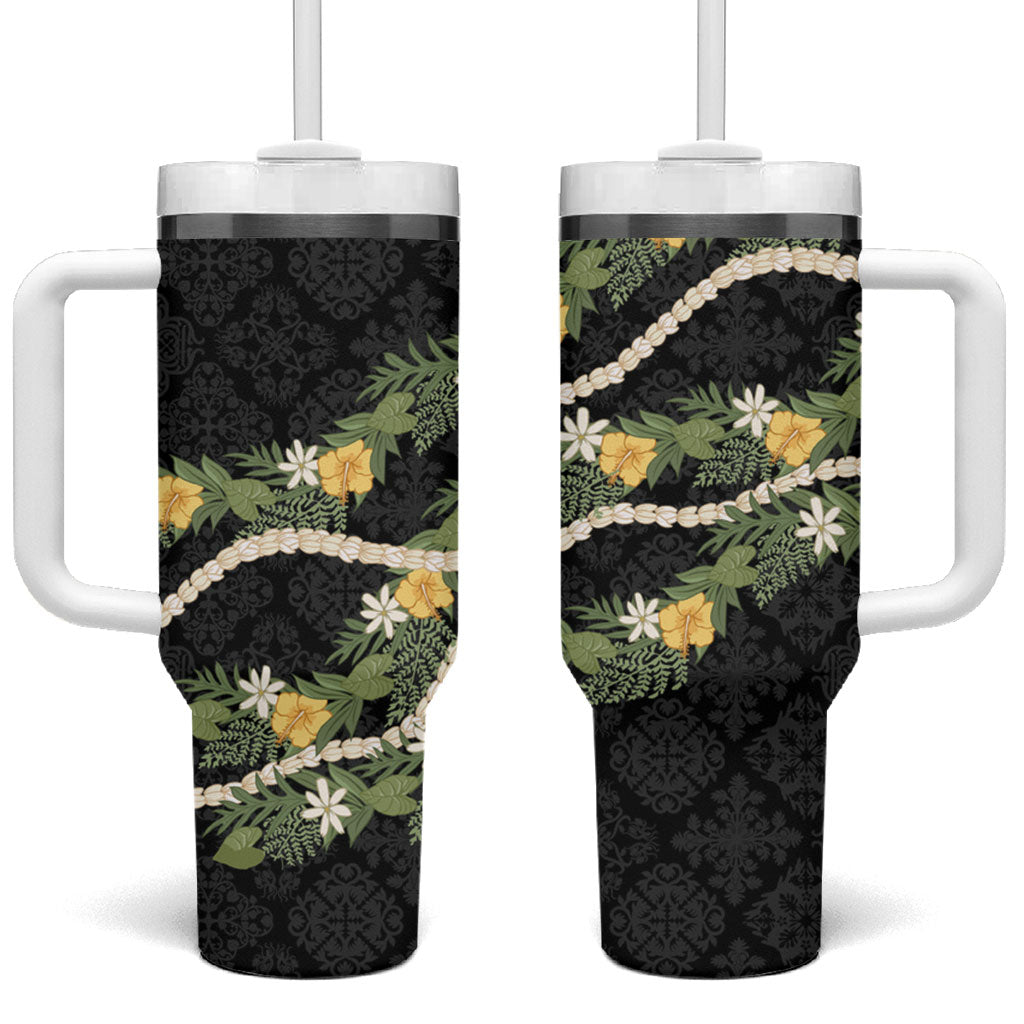 Puakenikeni Anthurium Pikake Lei Tumbler With Handle Hawaiian Quilt Pattern LT9 One Size: 40 oz Black - Polynesian Pride