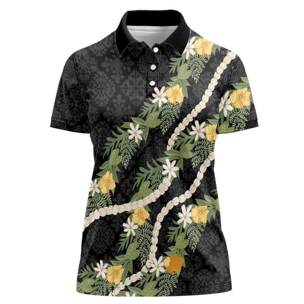 Puakenikeni Anthurium Pikake Lei Women Polo Shirt Hawaiian Quilt Pattern LT9 Female Black - Polynesian Pride