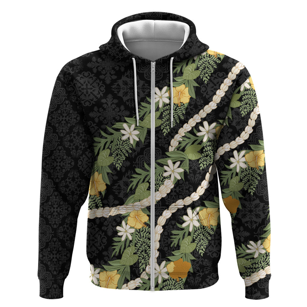 Puakenikeni Anthurium Pikake Lei Zip Hoodie Hawaiian Quilt Pattern LT9 Zip Hoodie Black - Polynesian Pride