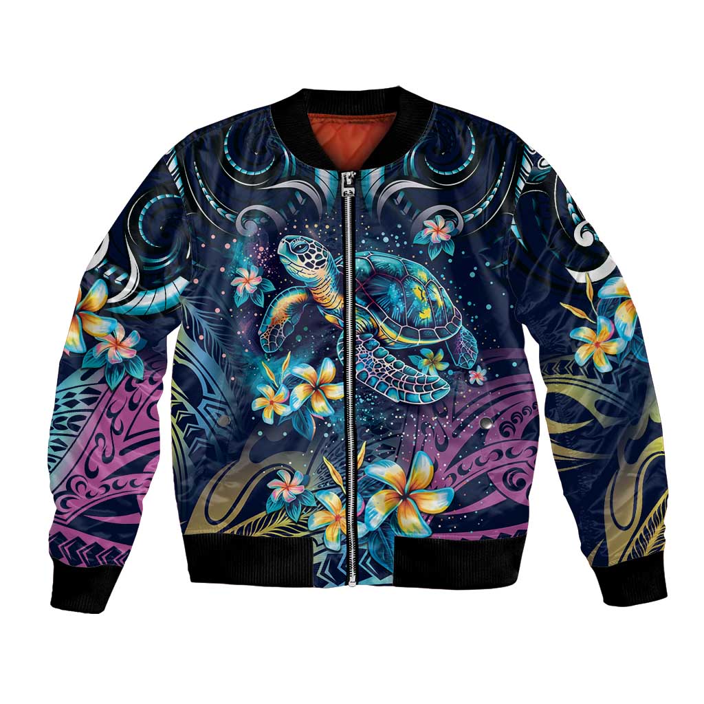 Plumeria Turtles Traditional Tribal Bomber Jacket LT9 Unisex Black - Polynesian Pride