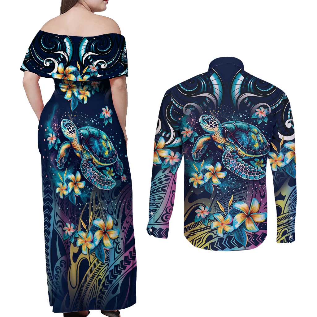 Plumeria Turtles Traditional Tribal Couples Matching Off Shoulder Maxi Dress and Long Sleeve Button Shirt