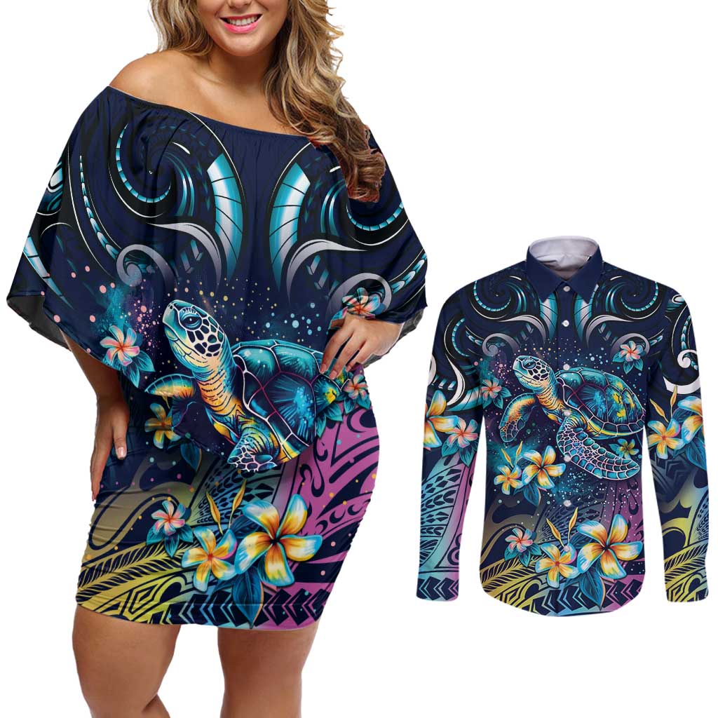 Plumeria Turtles Traditional Tribal Couples Matching Off Shoulder Short Dress and Long Sleeve Button Shirt