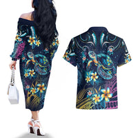 Plumeria Turtles Traditional Tribal Couples Matching Off The Shoulder Long Sleeve Dress and Hawaiian Shirt