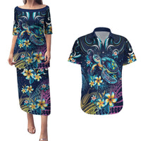 Plumeria Turtles Traditional Tribal Couples Matching Puletasi and Hawaiian Shirt