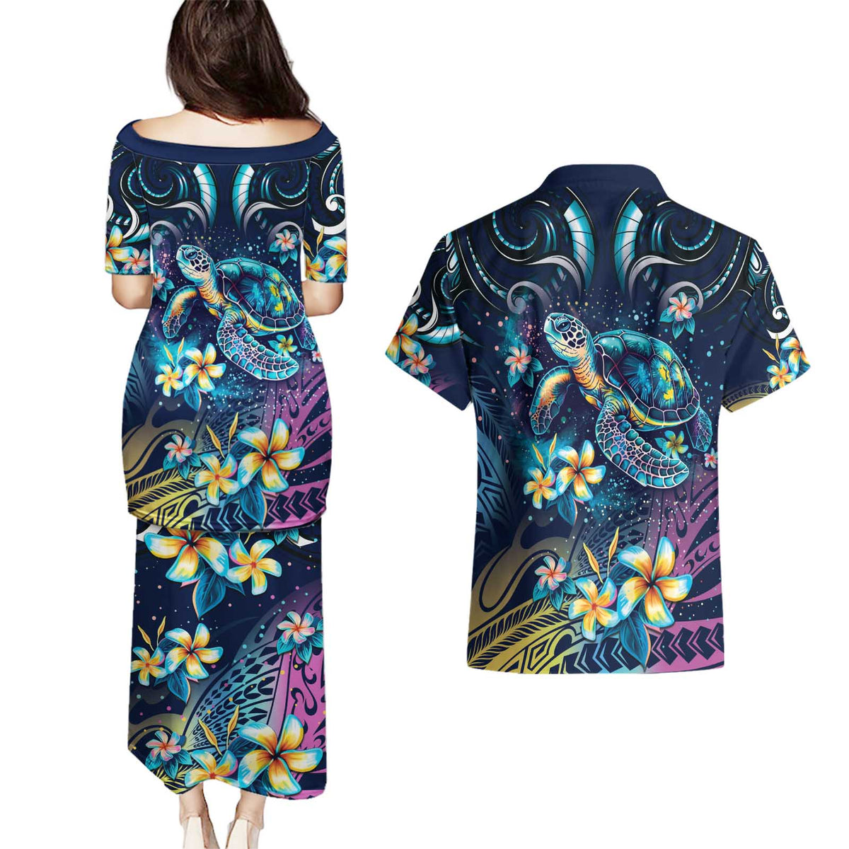 Plumeria Turtles Traditional Tribal Couples Matching Puletasi and Hawaiian Shirt