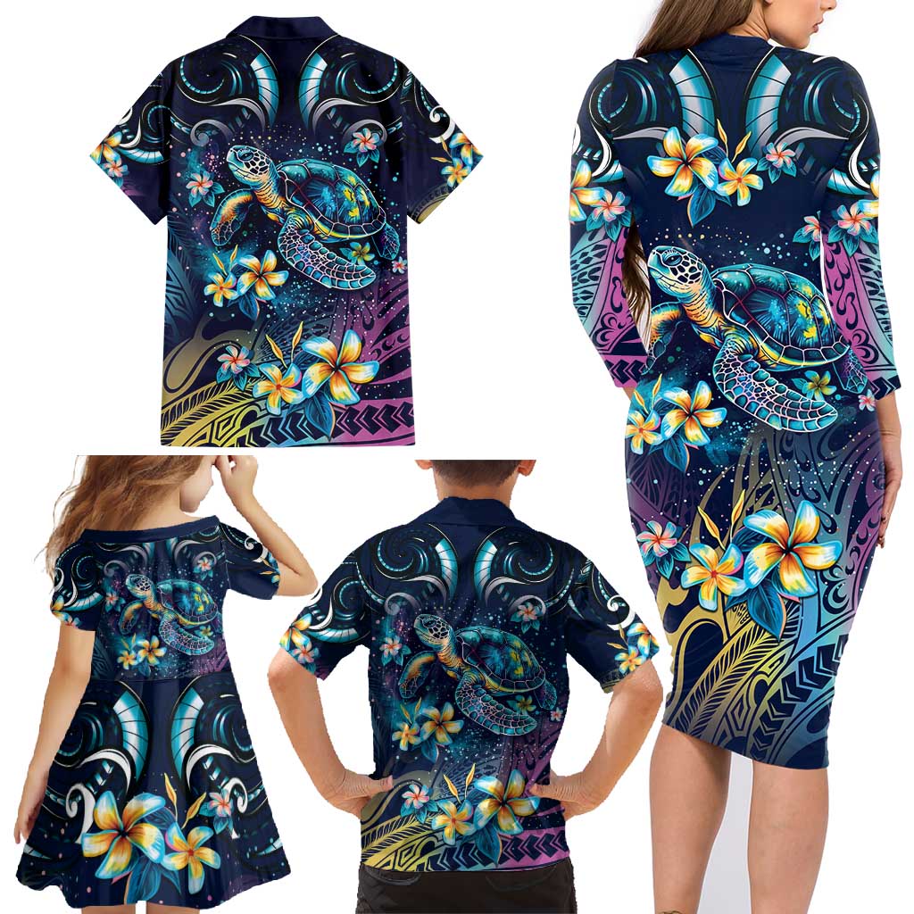 Plumeria Turtles Traditional Tribal Family Matching Long Sleeve Bodycon Dress and Hawaiian Shirt