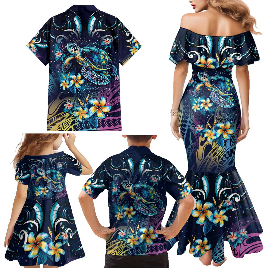 Plumeria Turtles Traditional Tribal Family Matching Mermaid Dress and Hawaiian Shirt