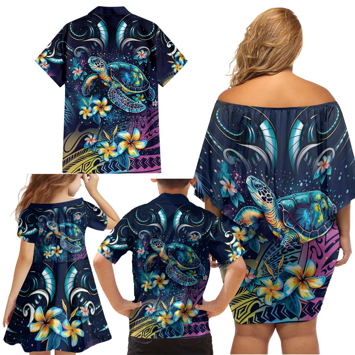 Plumeria Turtles Traditional Tribal Family Matching Off Shoulder Short Dress and Hawaiian Shirt