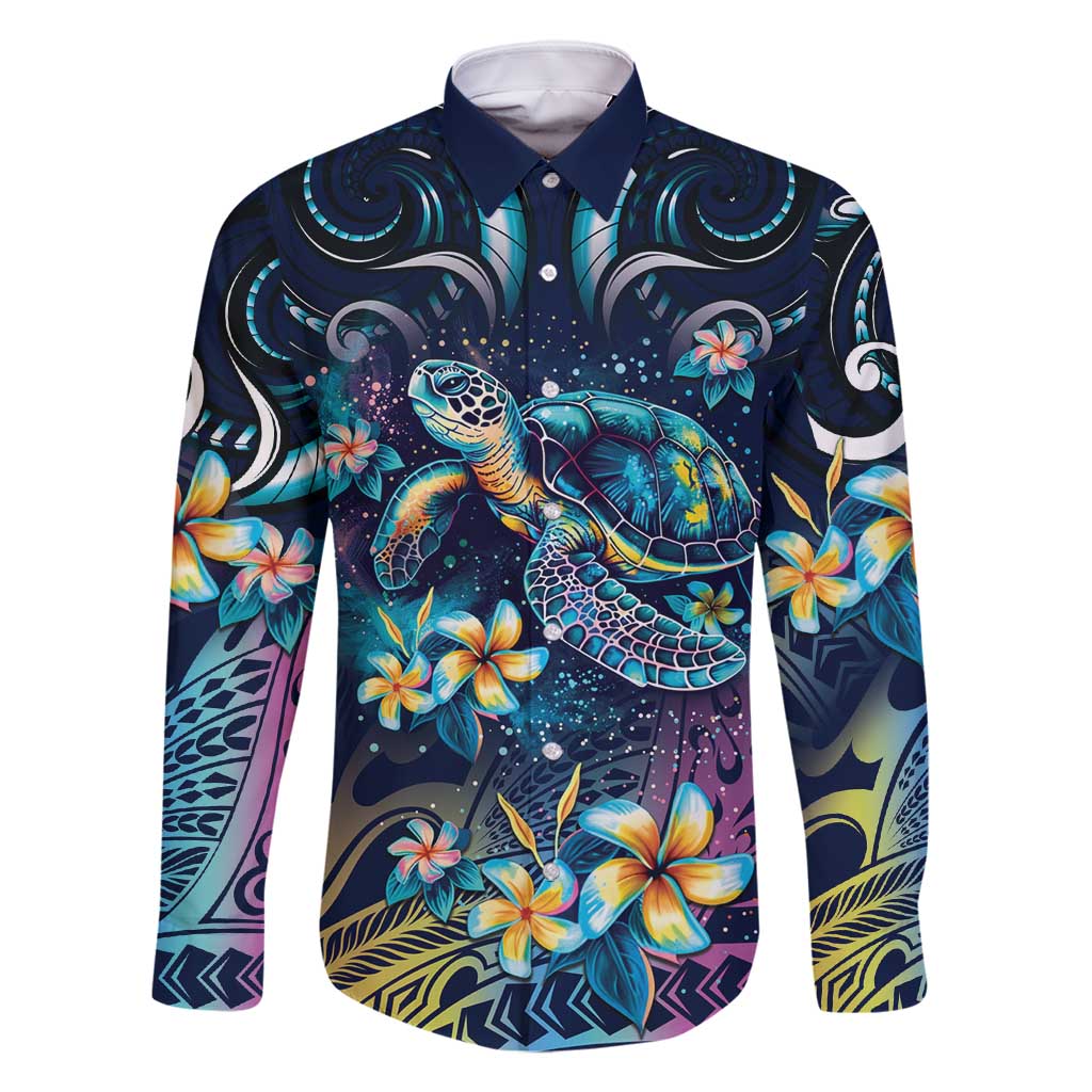 Plumeria Turtles Traditional Tribal Family Matching Tank Maxi Dress and Hawaiian Shirt LT9 Dad's Shirt - Long Sleeve Black - Polynesian Pride