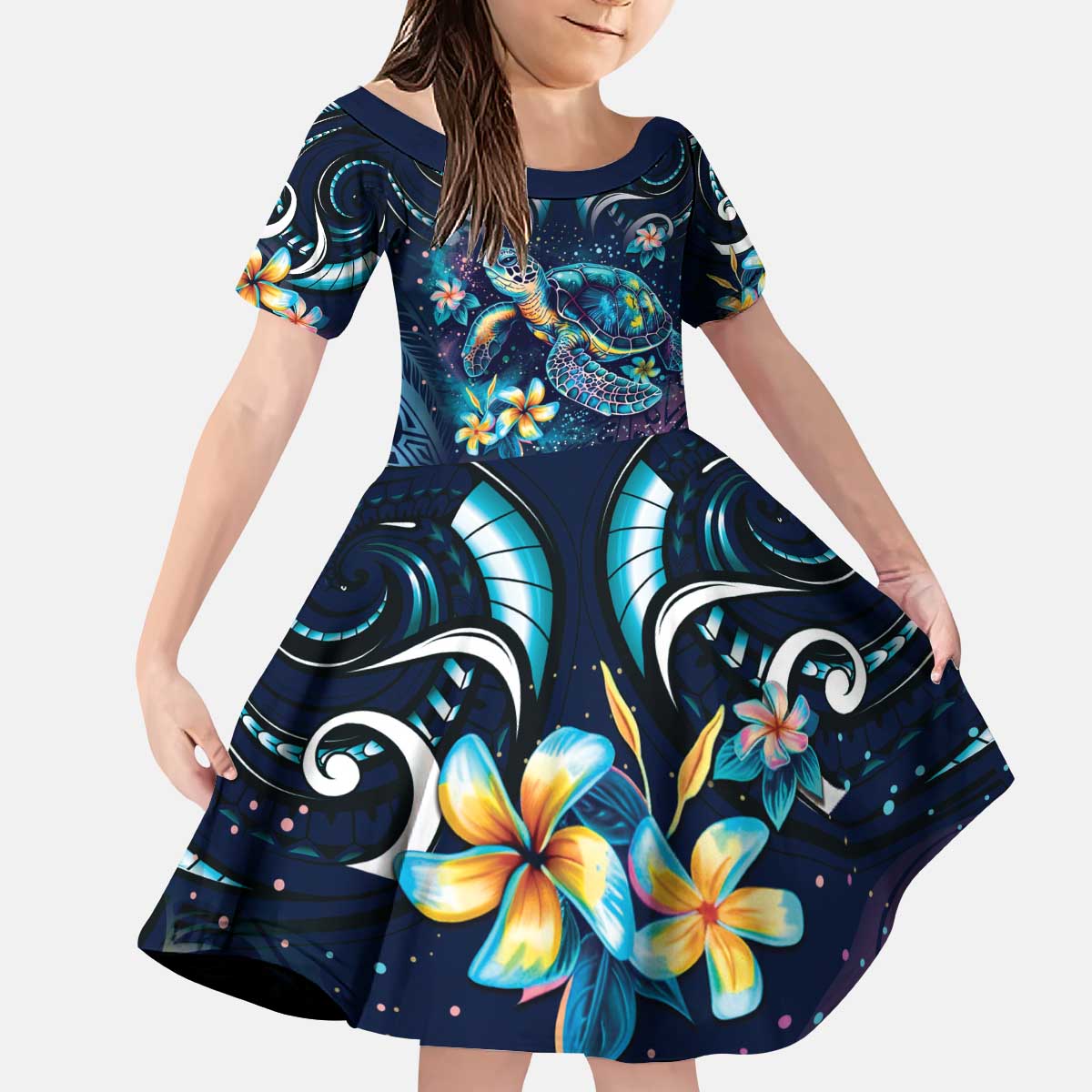 Plumeria Turtles Traditional Tribal Kid Short Sleeve Dress